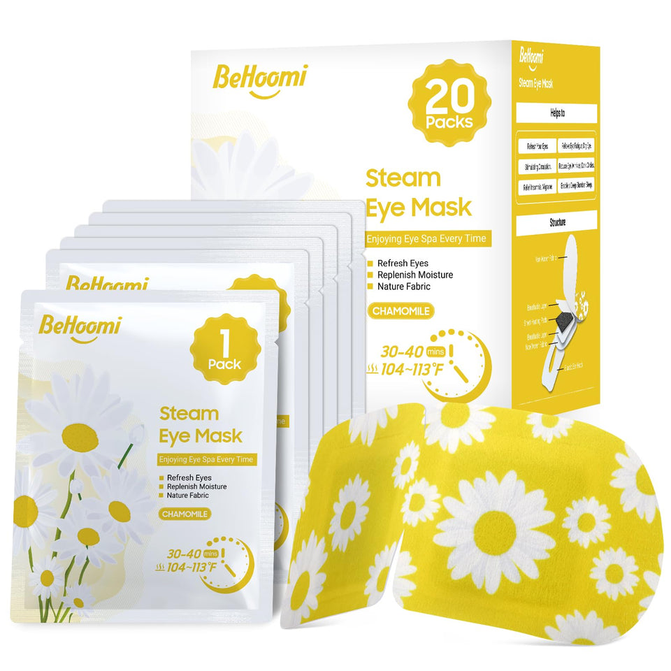 BeHoomi front packaging showing chamomile steam eye mask and benefits