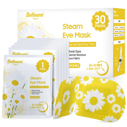 BeHoomi front packaging showing 30 chamomile steam eye masks and calming branding