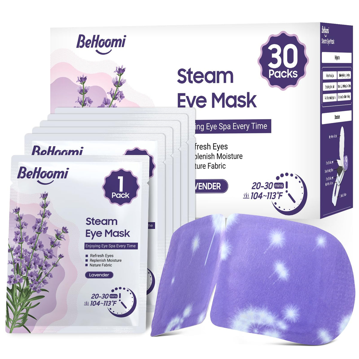 BeHoomi front packaging showing lavender scent and 30-pack convenience