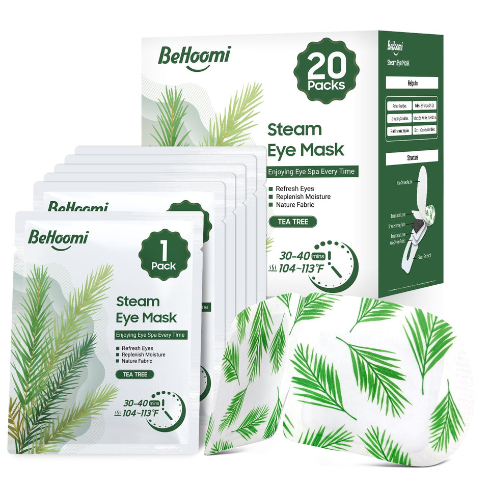 BeHoomi front packaging showing 20 steam eye masks and tea tree branding for convenient relief