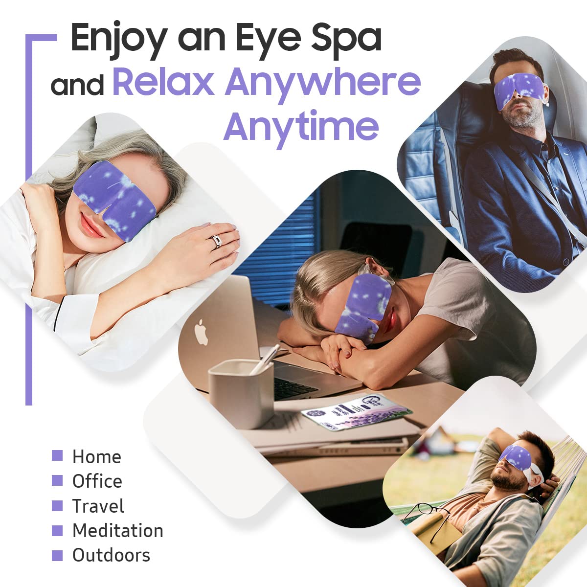 BeHoomi lavender masks on a bedside tray suggesting calming pre-sleep routine