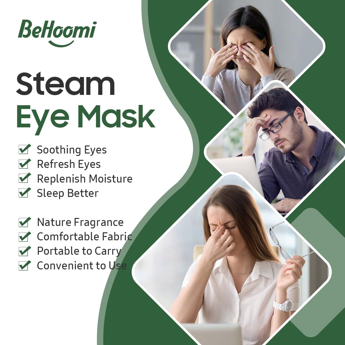 BeHoomi mask in use on a relaxed person demonstrating moist warmth for tired eyes
