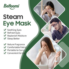 BeHoomi mask in use on a relaxed person demonstrating moist warmth for tired eyes