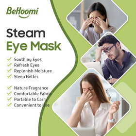 BeHoomi steam eye mask in use on model, demonstrates hands-free relaxation