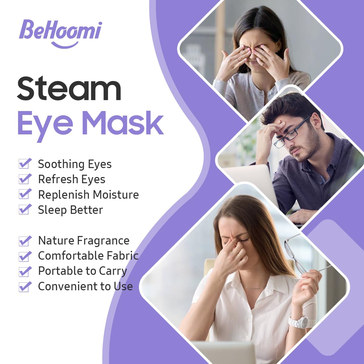 Person wearing BeHoomi heated eye mask while seated, demonstrating comfortable hands-free use
