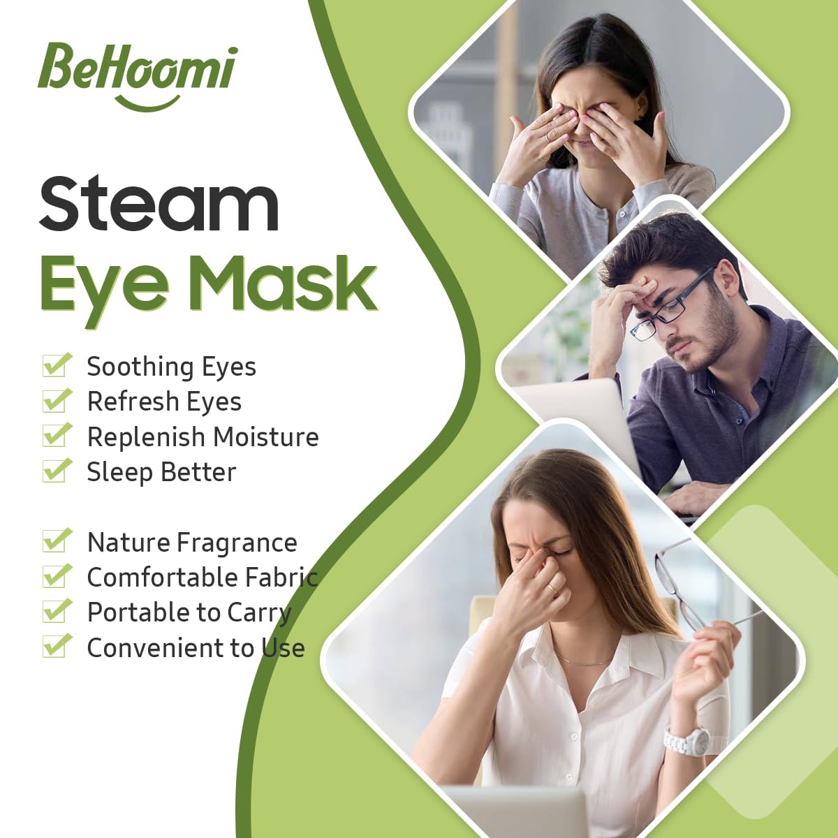 BeHoomi mask worn on eyes demonstrating warm compress fit and relaxed posture