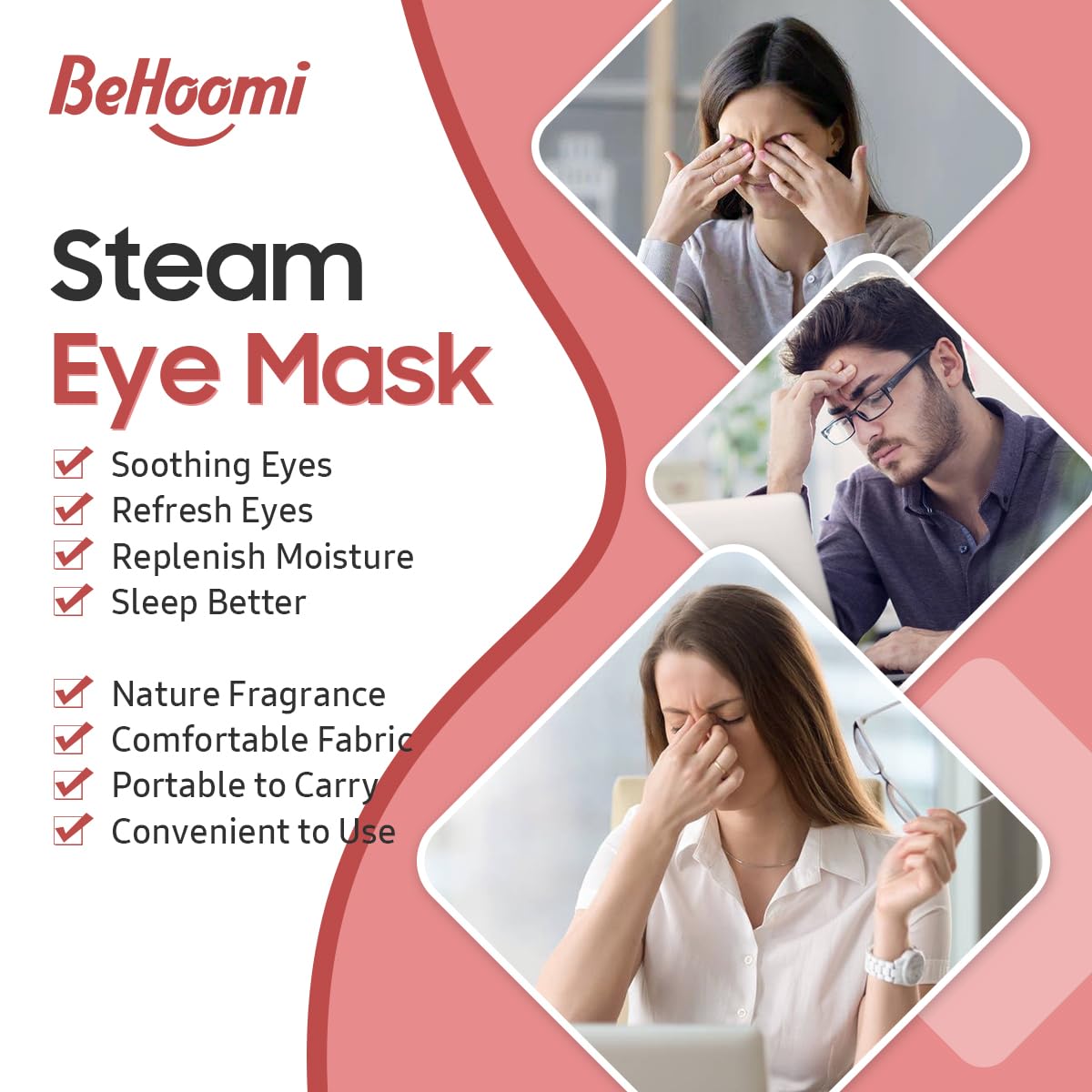 BeHoomi mask on model relaxing to illustrate soothing warmth benefit