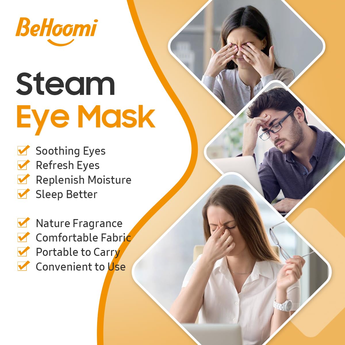 Person wearing BeHoomi eye mask while resting, promoting quick relaxation