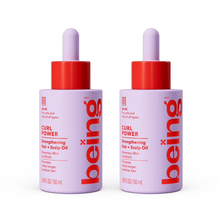 BEING INC front label of Curl Power oil showing product benefits and bottle
