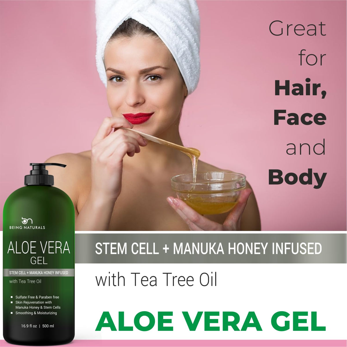 Being Naturals Manuka honey and aloe ingredients highlighting natural nourishment