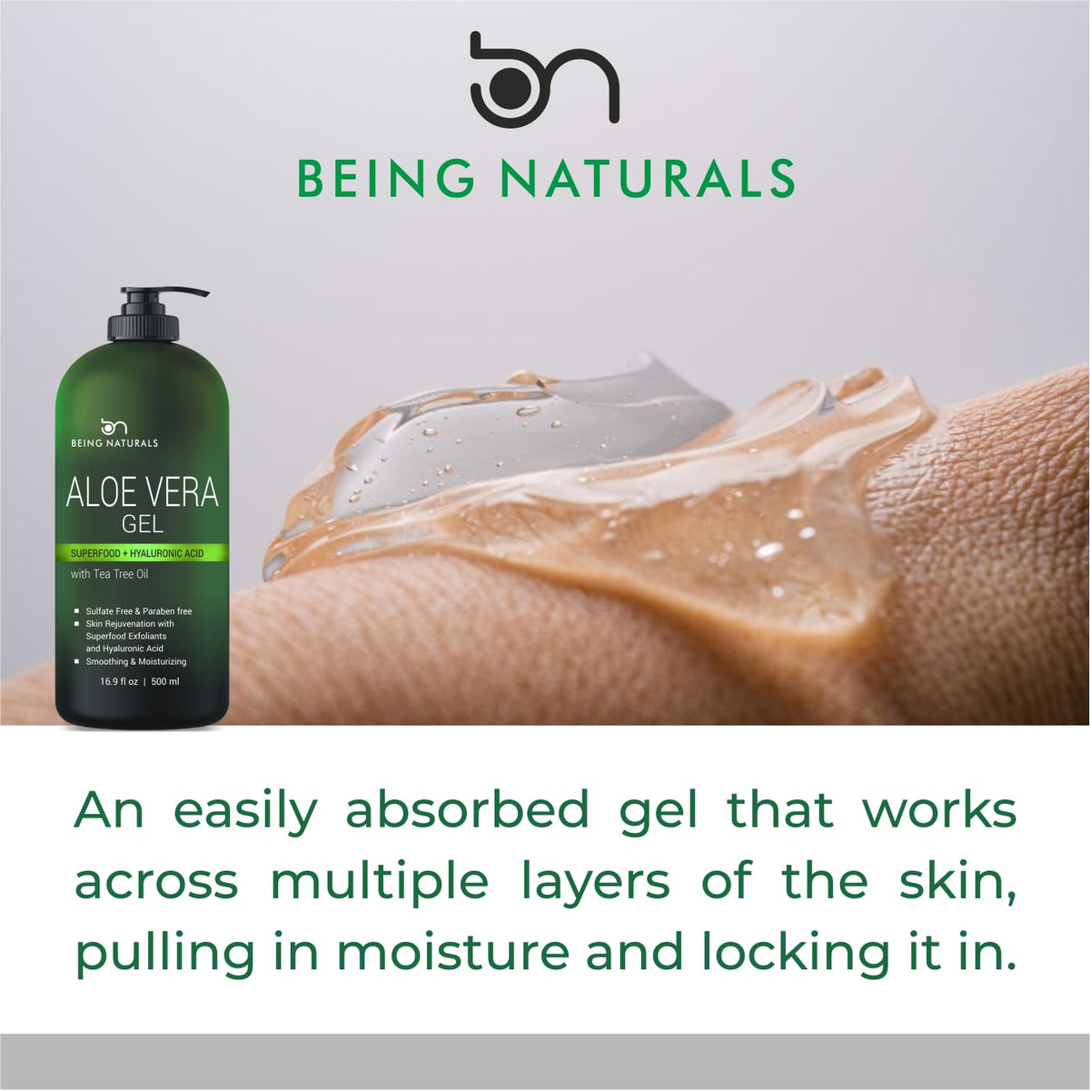 Being Naturals label close-up listing aloe, hyaluronic acid, tea tree