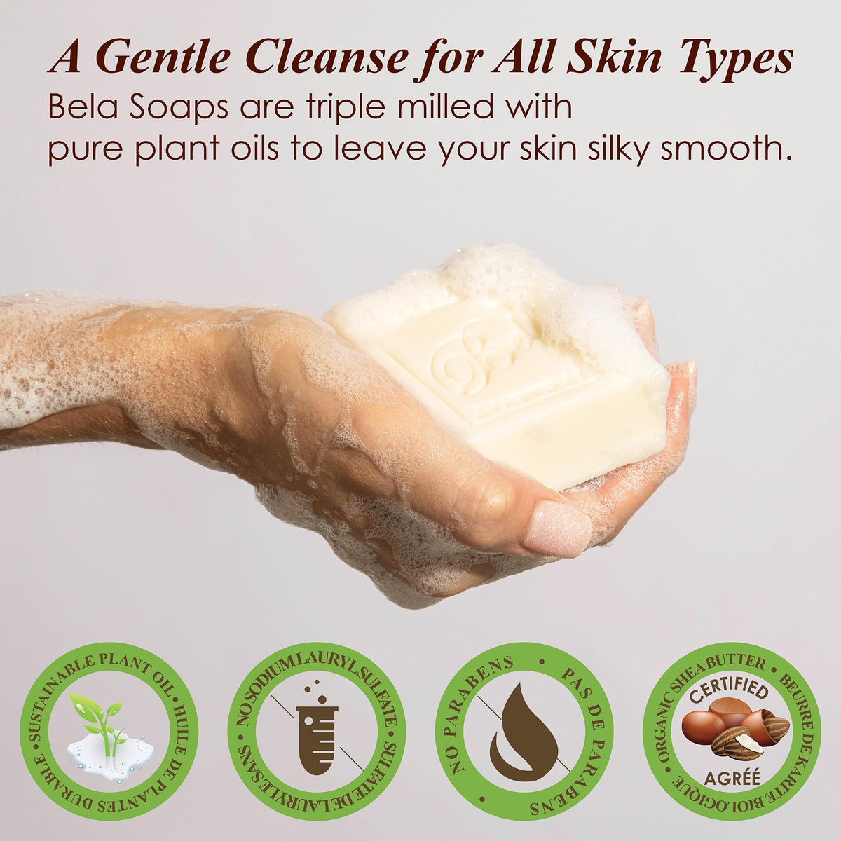 BELA bar producing rich lather on hand for gentle cleansing