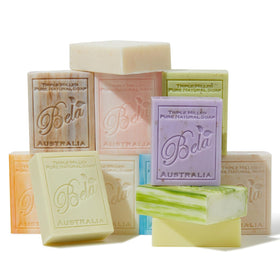 BELA front packaging showing 12 triple milled soap bars and variety benefits