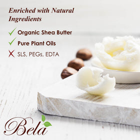 BELA label and ingredient list visible emphasizing organic shea butter