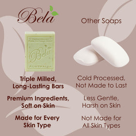 BELA soap next to a ruler showing 3.3 oz size and long-lasting benefit