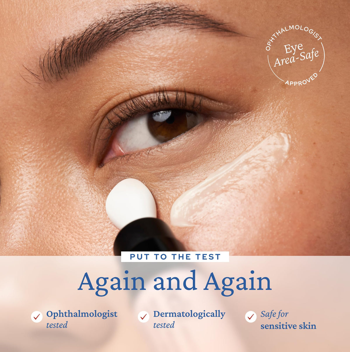 belif applying serum under eye with ceramic tip, shows cooling massage for de-puffing