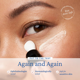 belif applying serum under eye with ceramic tip, shows cooling massage for de-puffing
