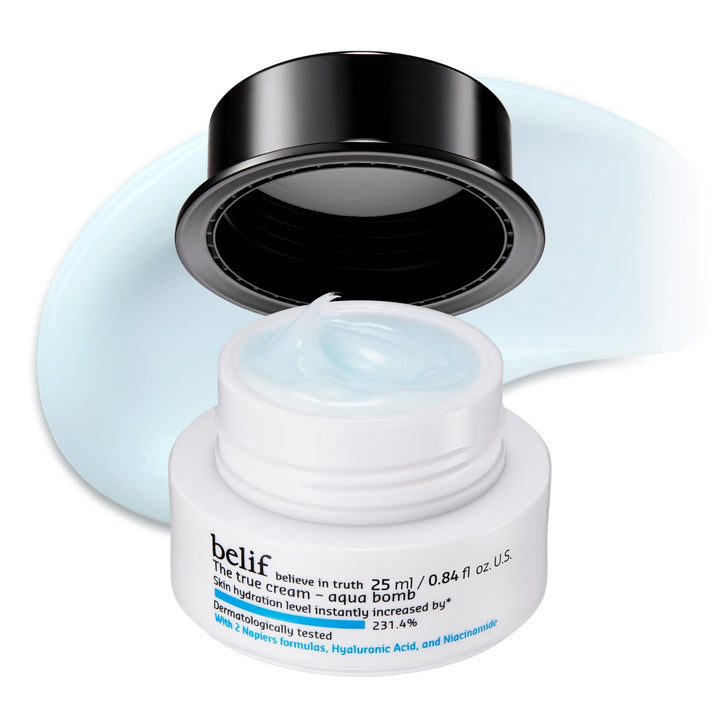 belif front jar showing Aqua Bomb packaging and portable travel size benefit