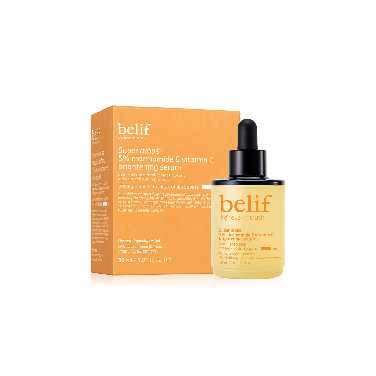 belif front bottle shot showing sleek packaging and immediate radiance benefit