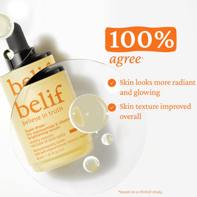 belif label ingredients closeup showing active blend and clarity benefit