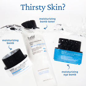belif lifestyle bathroom shelf scene suggesting daily routine hydration benefits