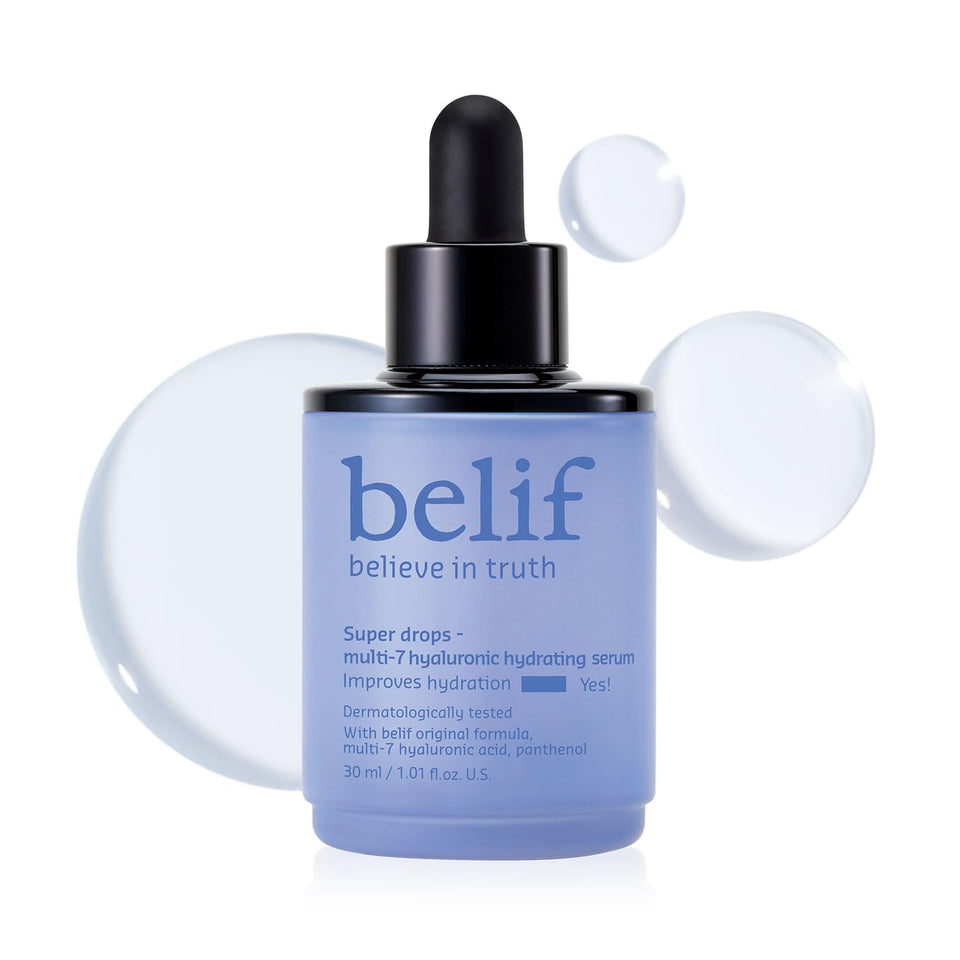 belif front packaging showing bottle and logo with clear hydration benefits