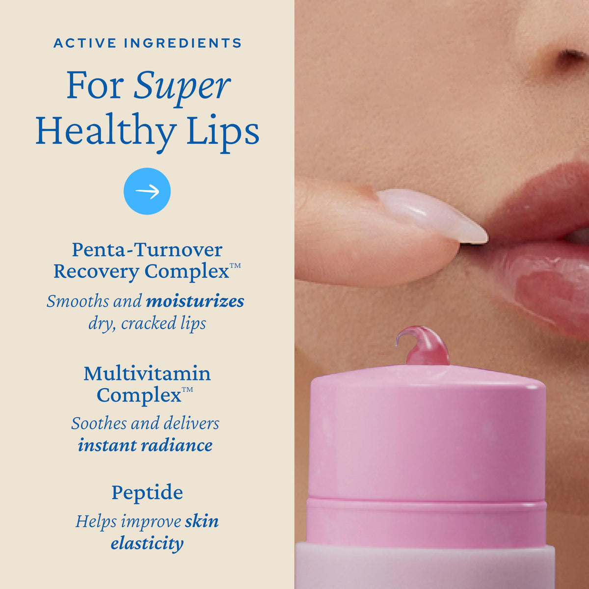 belif product swiped on lips closeup showing natural berry tint and smooth finish