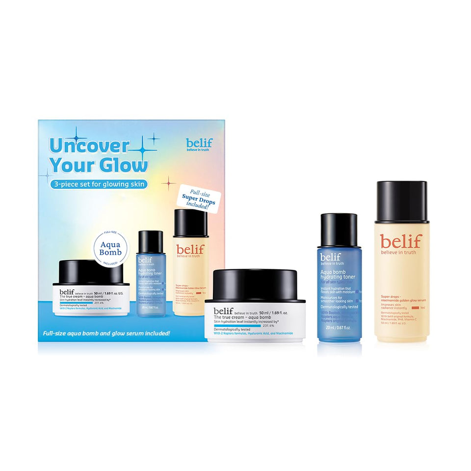 belif flatlay of the three-piece glow set showing products for easy routine