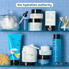 belif jar on bathroom shelf styled in lifestyle setting for nightly skincare ritual