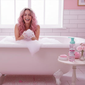 Bella and Bear bath usage in a tub with bubbles showing fun relaxing soak