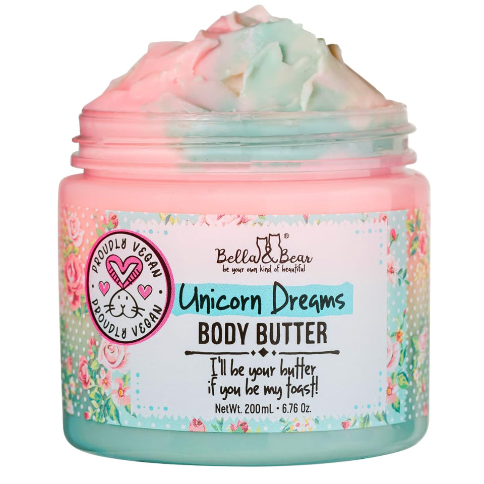 Bella and Bear jar front view showing unicorn dreams label and colorful packaging benefits
