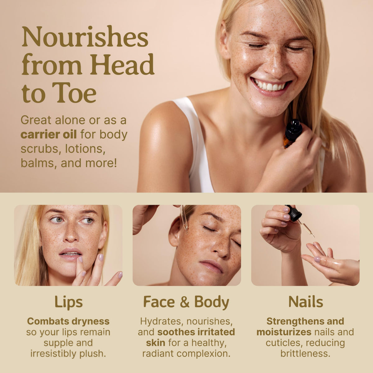 Drops of Bella Terra Oils on hand demonstrating easy-to-blend benefit