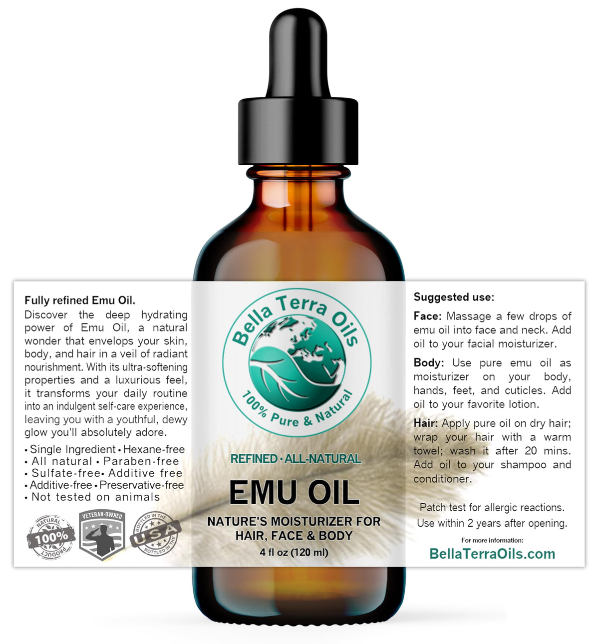 Bella Terra Oils close-up of emu oil dropper dispensing a nourishing drop