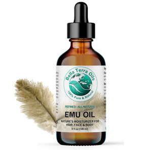 Bella Terra Oils front label showing pure emu oil and product information
