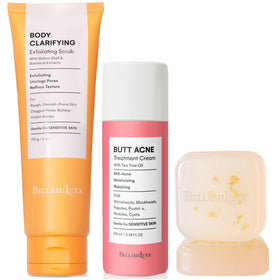BellamiLuxx front packaging showing the full butt acne treatment set and benefits