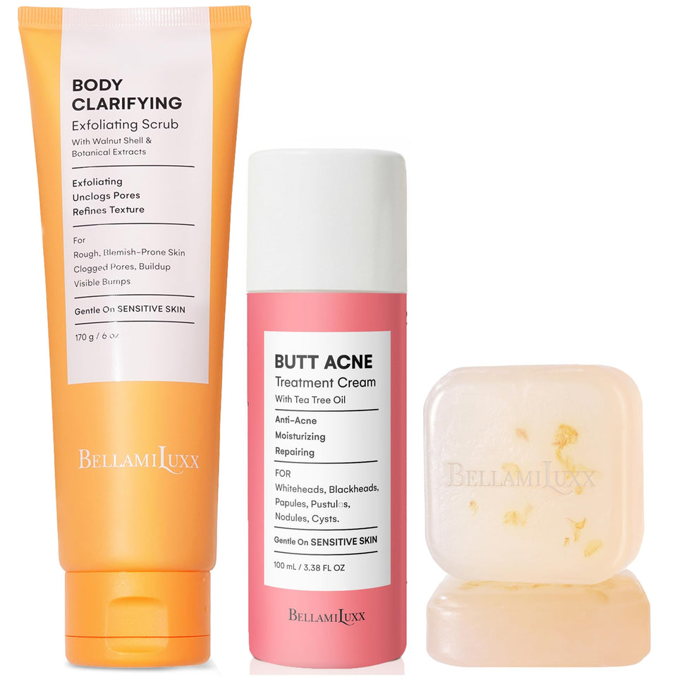 BellamiLuxx front packaging showing the full butt acne treatment set and benefits