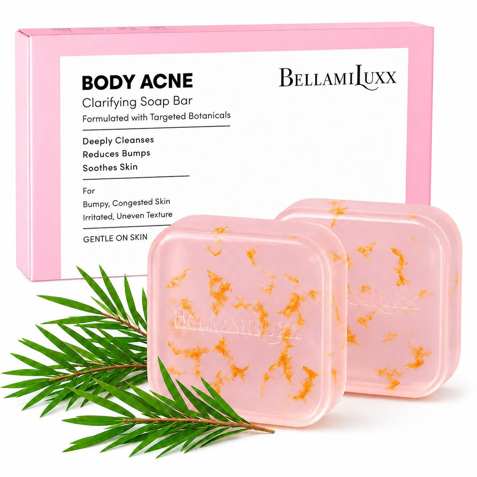 BellamiLuxx front packaging bar showing product benefit for body acne