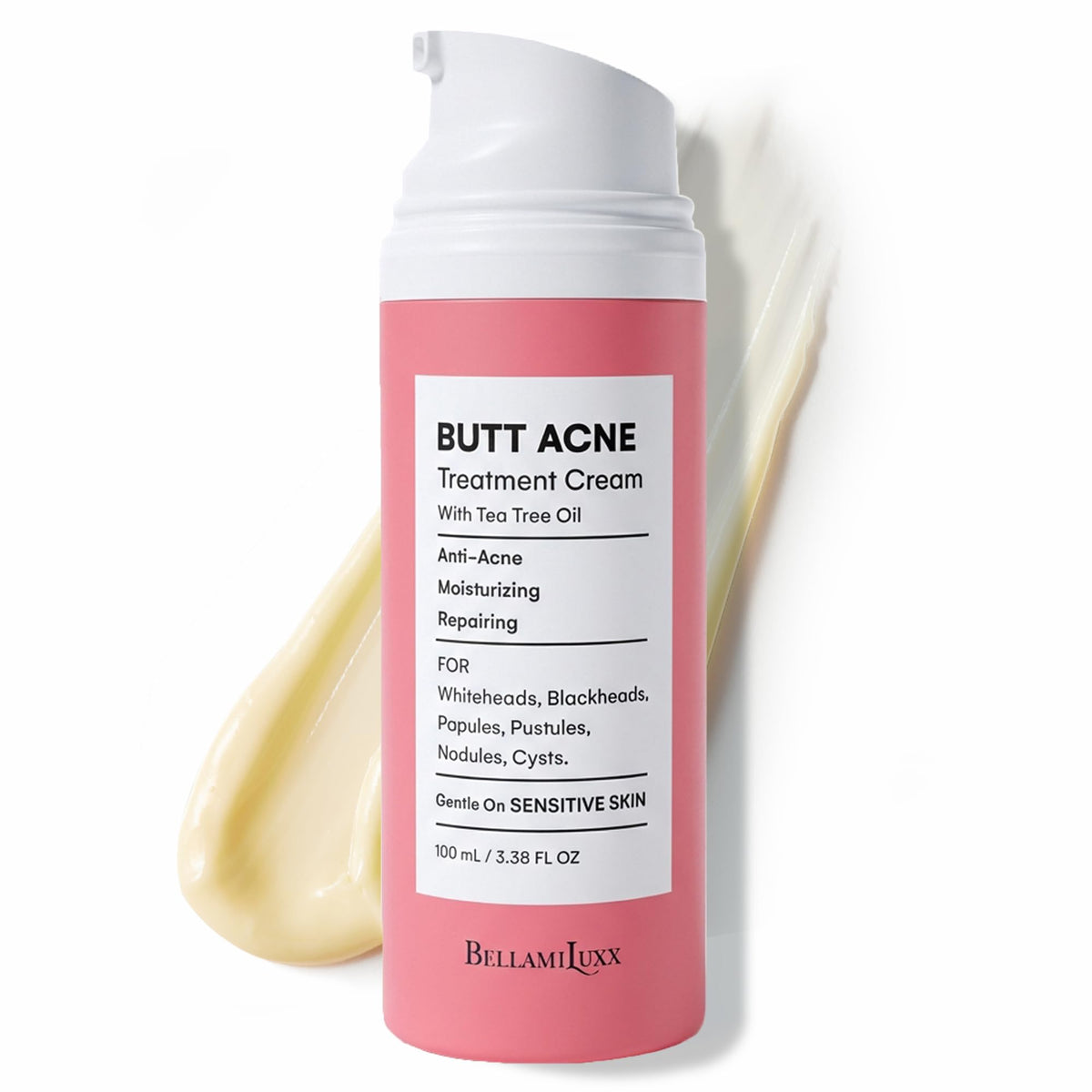 BellamiLuxx front packaging showing tube for targeted butt acne treatment and clear labeling