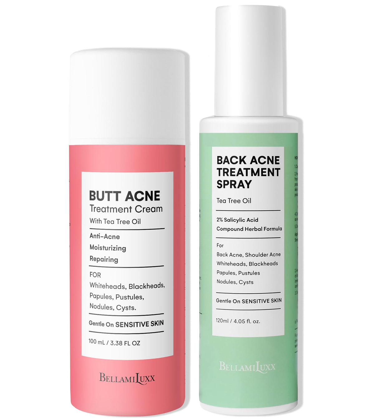 BellamiLuxx front packaging showing spray and lotion for full body acne care
