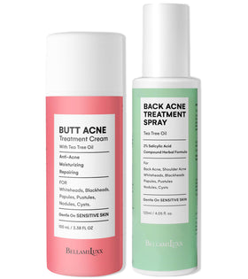 BellamiLuxx front packaging showing spray and lotion for full body acne care