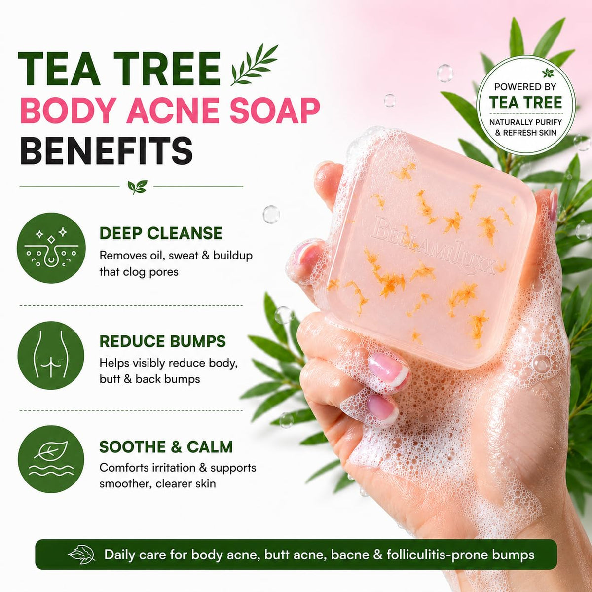 BellamiLuxx ingredient visual with tea tree salicylic and sulfur clarity