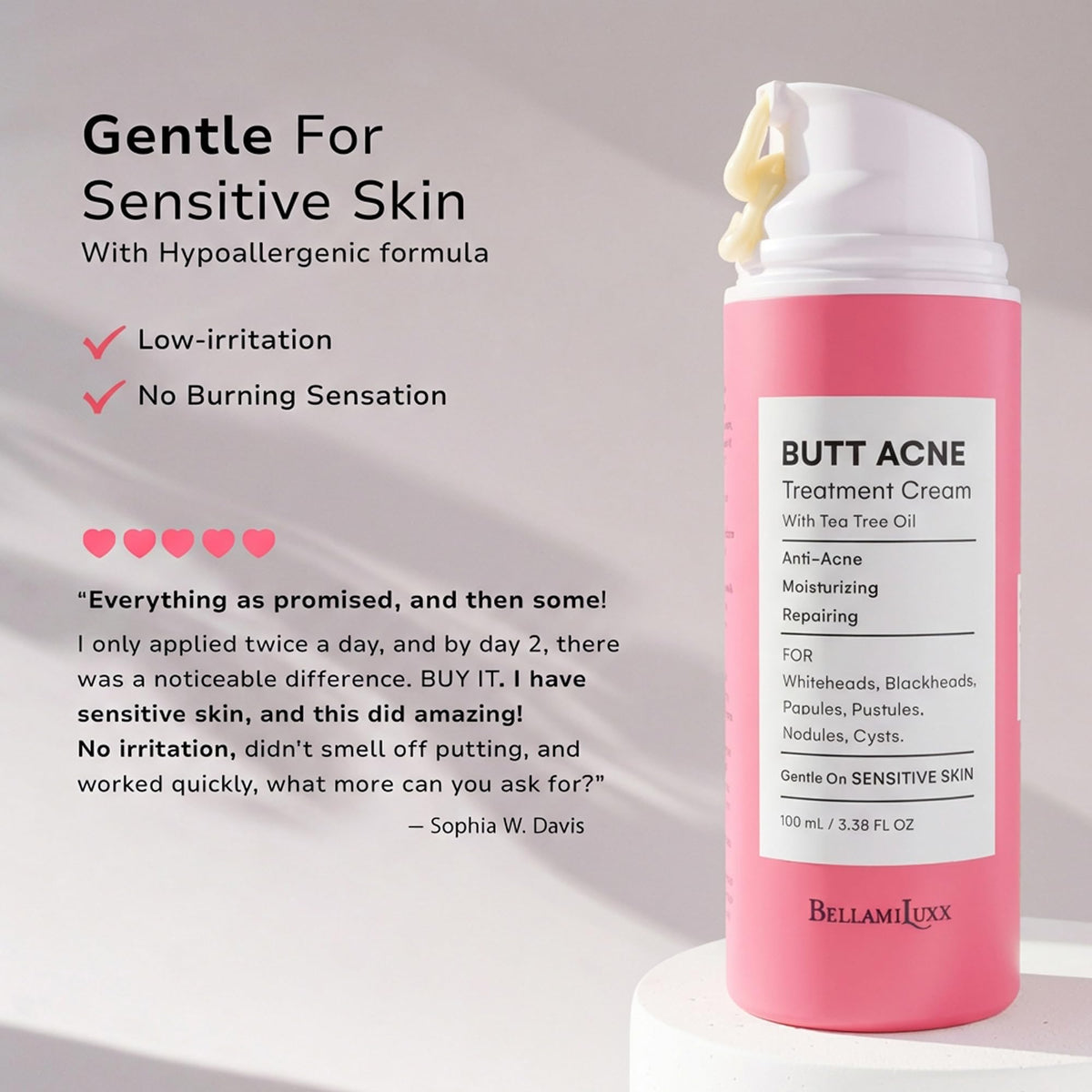 BellamiLuxx ingredient label featuring salicylic acid and tea tree oil for effective pore care