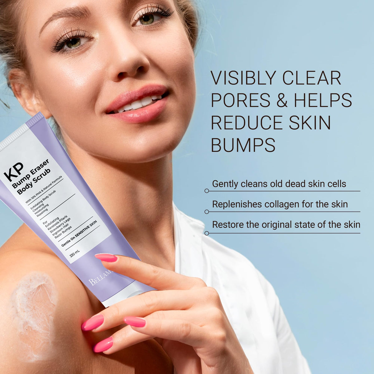 BellamiLuxx scrub in hand demonstrating ease of application for smoother skin