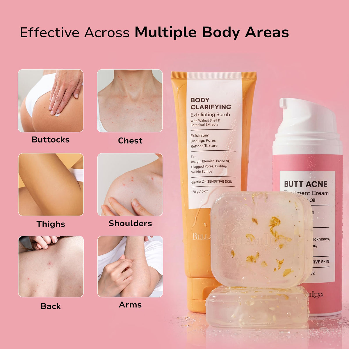 BellamiLuxx products next to hand showing scale and travel-friendly size
