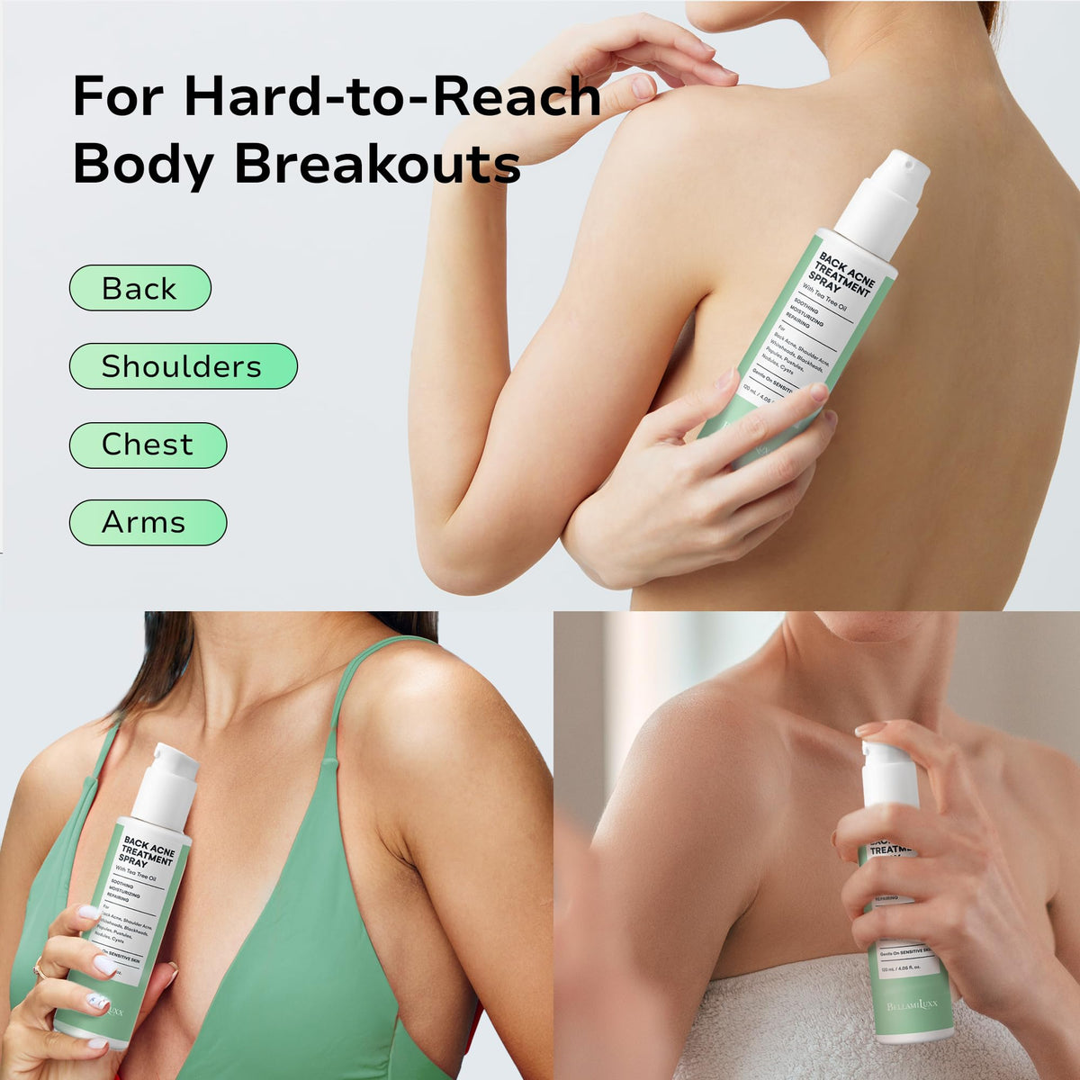 BellamiLuxx spray nozzle releasing mist to cover hard-to-reach skin effectively