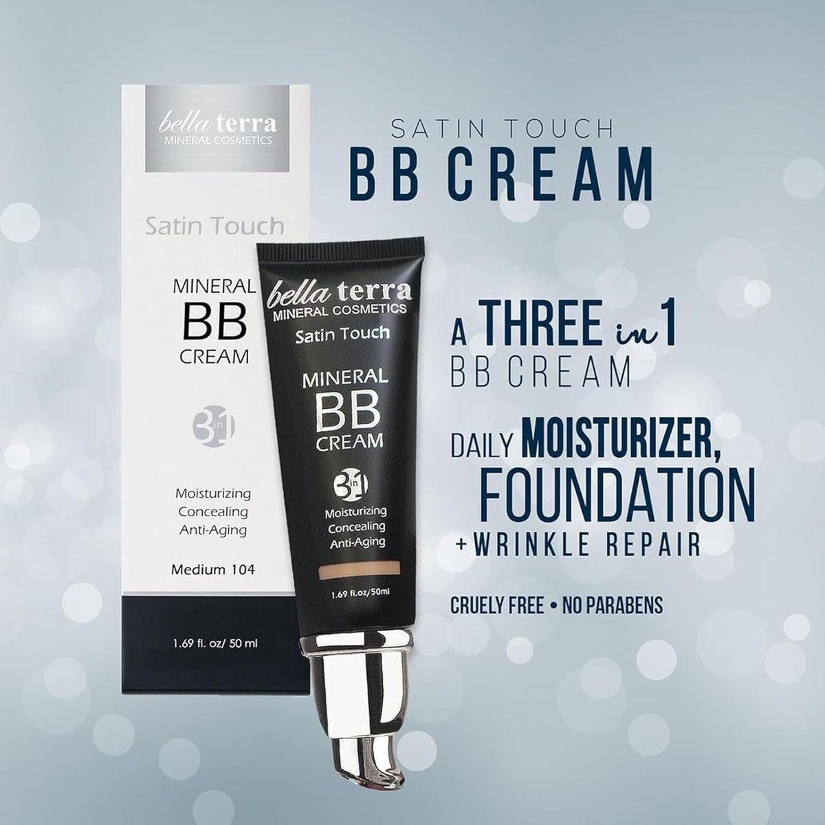 Bellaterra Cosmetics close-up of cap and label highlighting clean-beauty packaging benefit