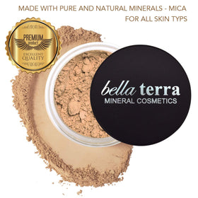Bellaterra Cosmetics open powder pan in Nutmeg displaying smooth pressed powder