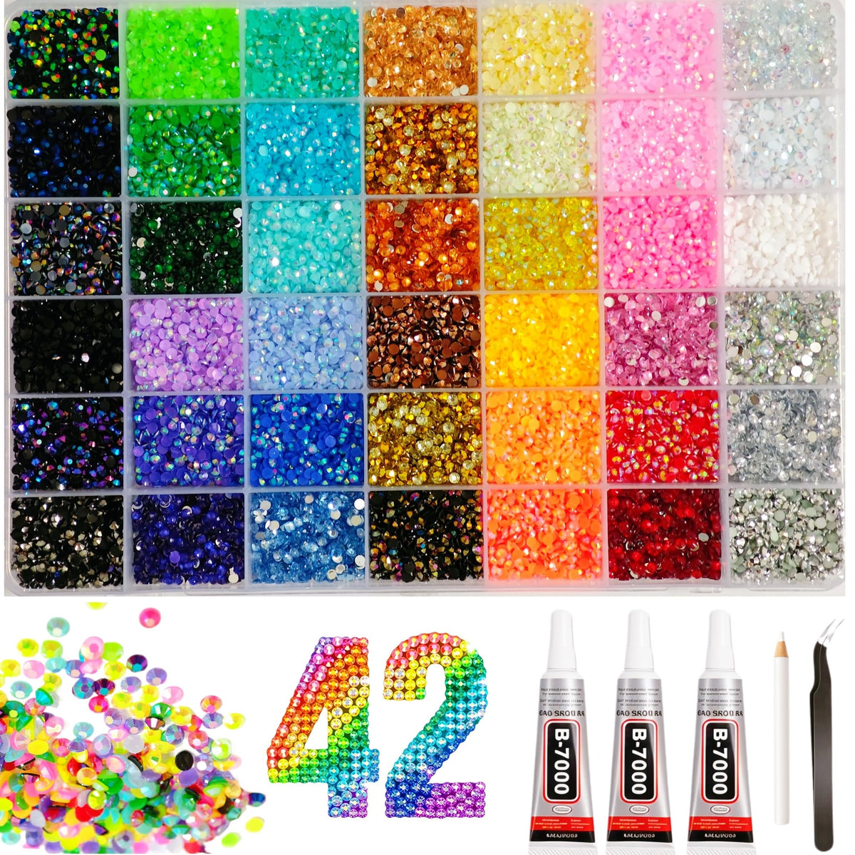 BelleOnyx front packaging showing full 32000-piece rhinestone kit and included tools
