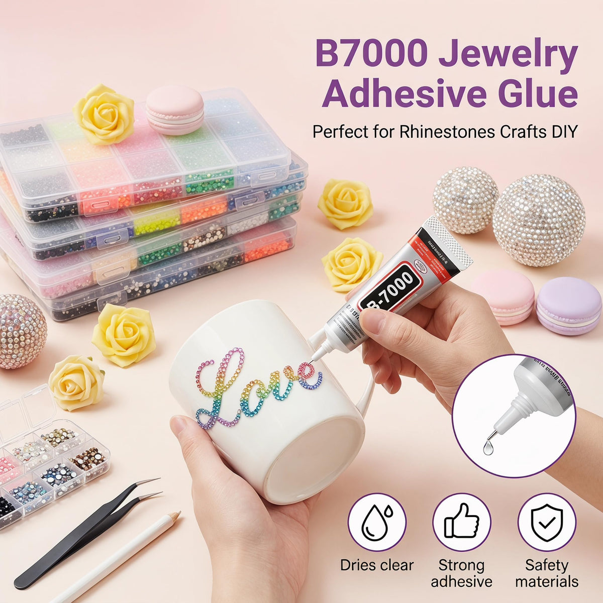 BelleOnyx glue tubes, diamond picker and tweezers arranged for easy crafting setup