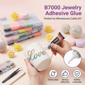 BelleOnyx glue tubes, diamond picker and tweezers arranged for easy crafting setup